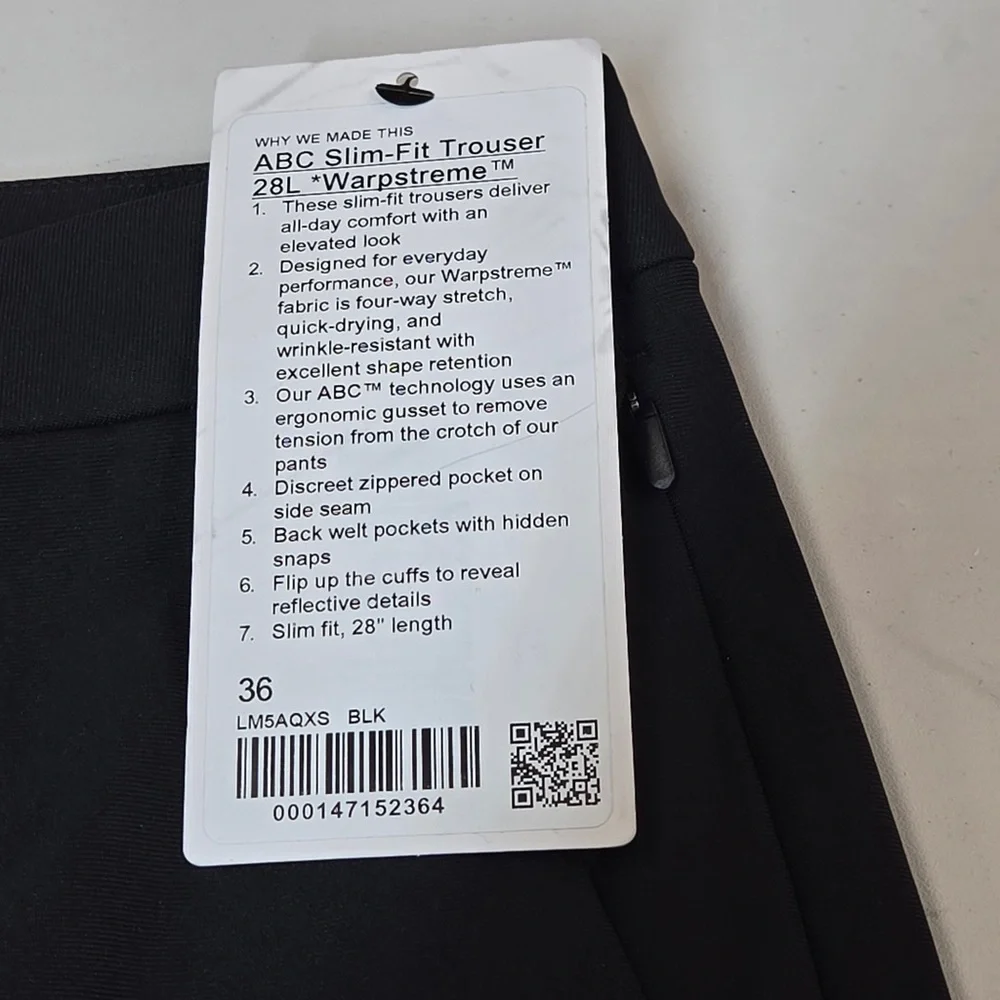 NWT LULULEMON ABC Slim-Fit Trouser 28L Warpstreme Size 36 Black 6065